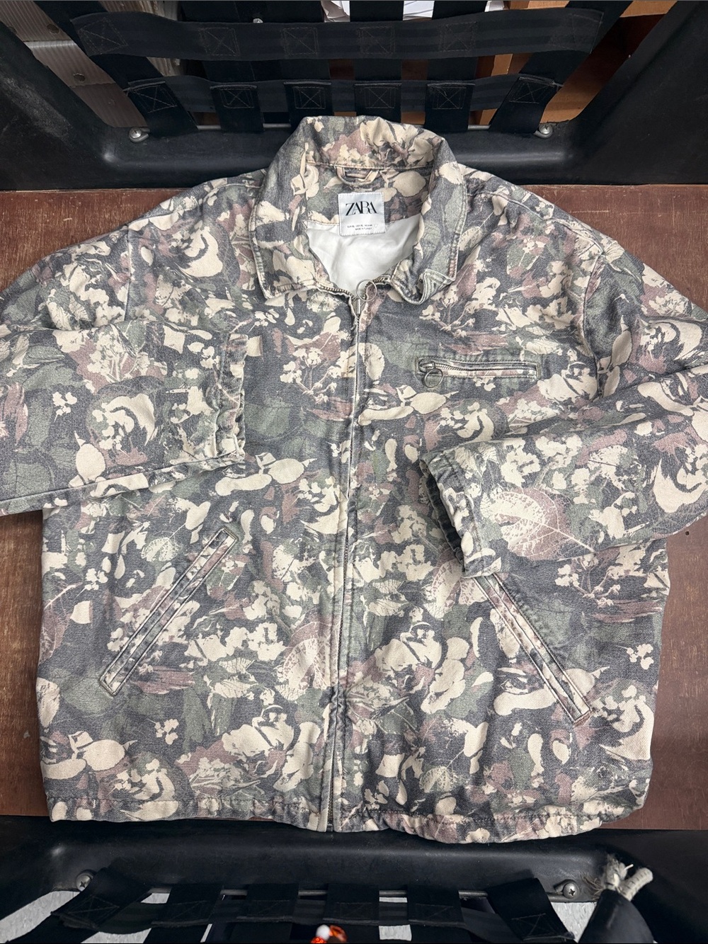 ZARA Floral Camo Zip Jacket - Olive, Beige & Gray